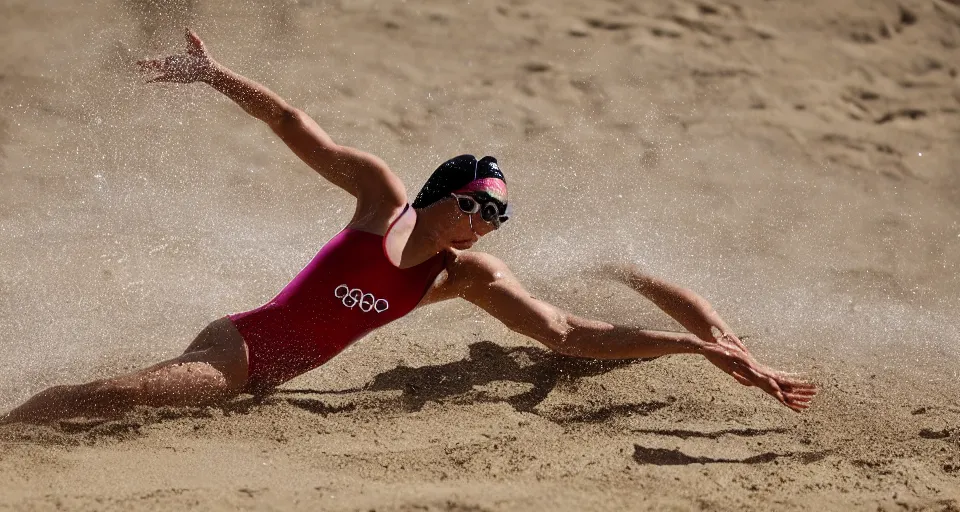 Image similar to olympic swimming in sand instead of water, extremely coherent, motion blur