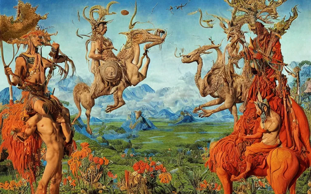 Image similar to a portrait photograph of a meditating shaman and a centaur monk riding a dragon and hunting at a river delta. surrounded by bulbous flowers and trees. mountain range under a blue sky of fiery stars. by jan van eyck, max ernst, ernst haeckel, ernst fuchs and artgerm, cgsociety, fashion editorial, 8 k