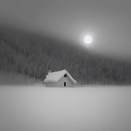 Image similar to a cabin on a hill, snowatorm, winter, smoke rising from the pipe, by alex andreev, landscape, high contrast, digital