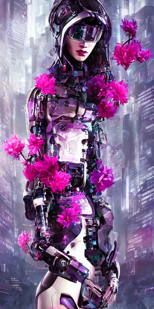 Prompt: Cyber punk 2077 robot girl, very beautiful portrait, Detroit game style, woman wrapped in flowers lily, photorealism