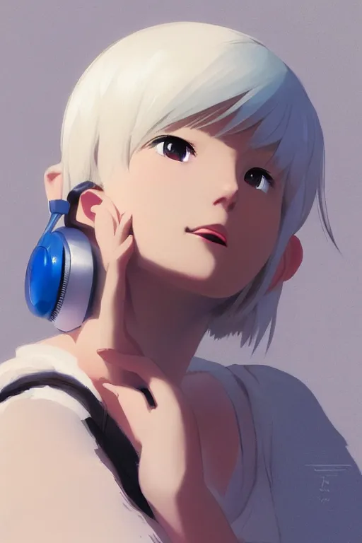 Prompt: a cute young woman listening to music with her eyes closed and wearing headphones by Ilya Kuvshinov and Range Murata, white bob cut hair, blue filter, blue and white, soft lighting, atmospheric, cinematic atmosphere, moody, relaxing, Krenz Cushart, digital painting, 8k