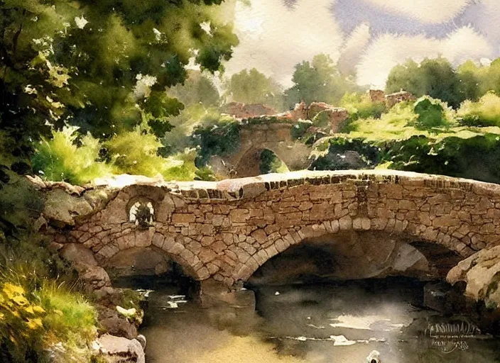 Image similar to watercolor of rustic stone bridge with mural, ivy, summer daylight, bright clear day, clouds, high detailed art by dennis miller bunker, work by anders zorn, wonderful masterpiece by greg rutkowski, beautiful cinematic light, american romanticism by greg manchess, creation by tyler edlin