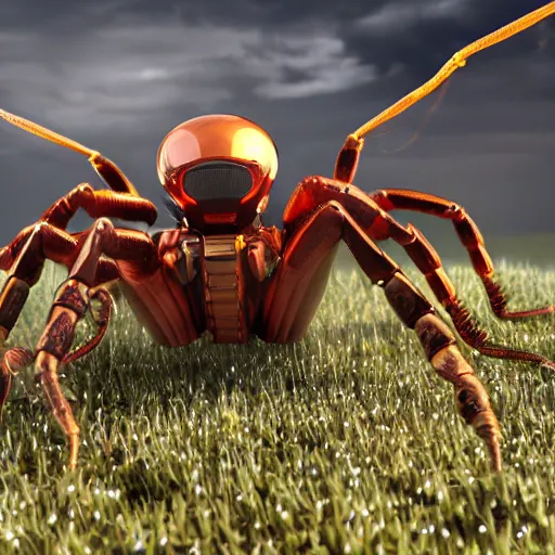 Image similar to a mechanical scorpion in a field surrounded by nanobots