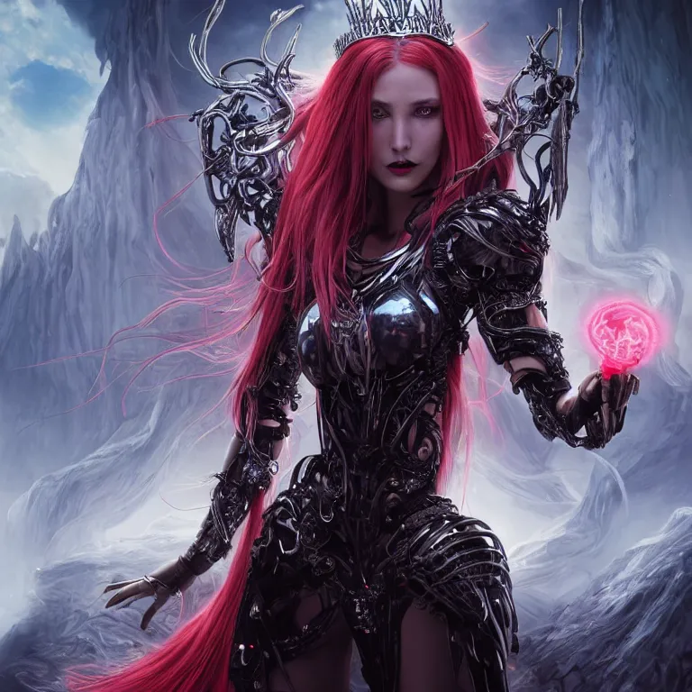 Prompt: beautiful cinematic fantasy poster, beautiful female cyborg vampire wearing a jeweled silver crown with brilliant silver flowing hair, beautiful red glowing eyes, wideshot ultrawide angle epic scale, hybrid from The Elden Ring and art direction by Darius Zawadzki ;by artgerm; wayne reynolds art station; cinematic quality character render; low angle; ultra high quality model; production quality cinema model;