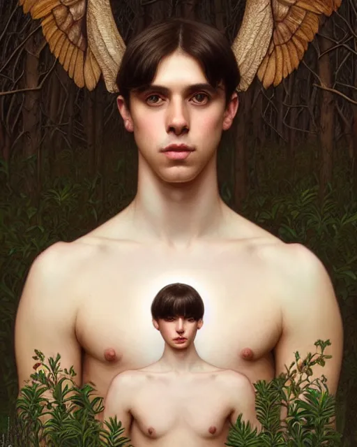 Prompt: symmetry portrait of welsh brunette fully clothed princess disguised as a young man, short hair, renaissance, forest background, intricate, elegant, highly detailed, digital painting, artstation, concept art, smooth, sharp focus, illustration, art by artgerm and greg rutkowski and fra angelico and alphons mucha