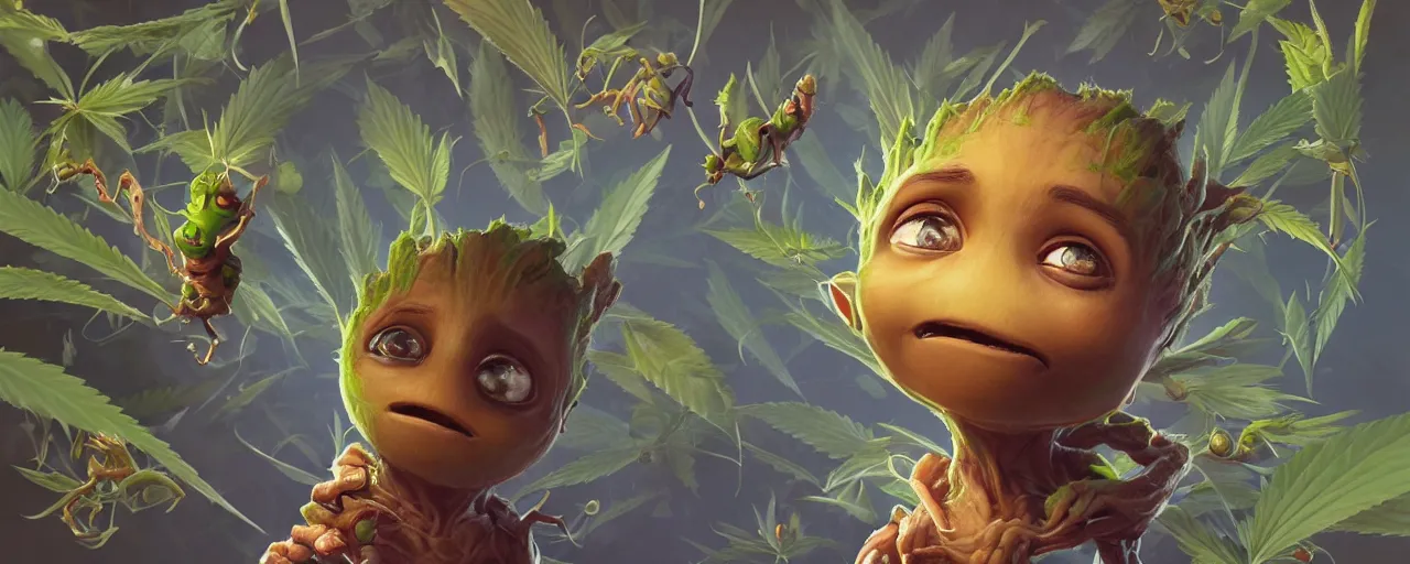 Image similar to portrait smiling round cute face cannabis!!, big eyes, marijuana!, baby groot, realistic shaded perfect face, cinematic volumentric lighting, jim cheung, david marquez, mike deodato jr, behance hd by jesper ejsing, by rhads, hyper detailed, octane render, concept art, artstation