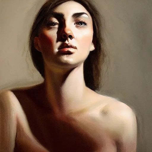 Prompt: a young woman, dramatic lighting, chiaroscuro, high detail, painted by j. p. targete, trending on artstation