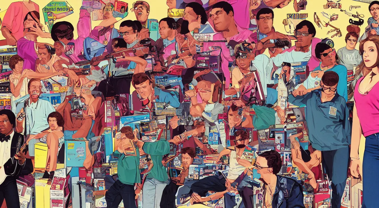 Prompt: GTA V illustration of 1980s nerdy teen on the cover of GTA V, in a 1980s music store