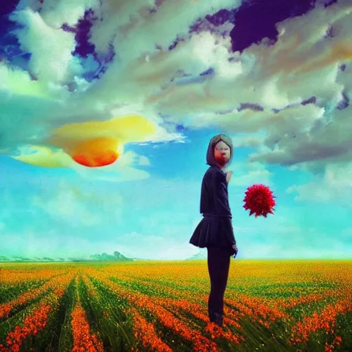 Prompt: woman with a flower face, standing in flower field, surreal photography, manipulation, sunrise, impressionist painting, colorful clouds, artstation, dali, simon stalenhag