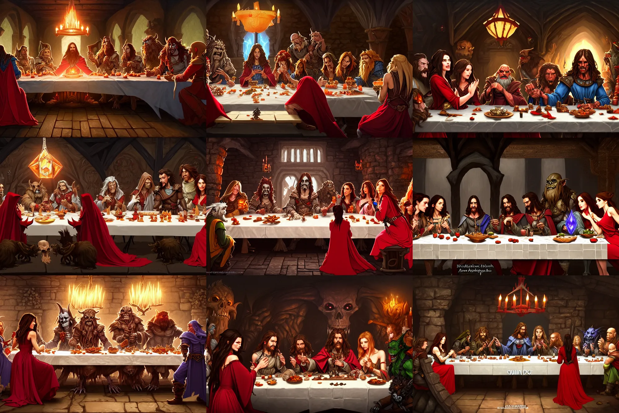 Prompt: dnd last supper, kate beckinsale as quin in red dress at center, goblin, mage, skeleton, orc, troll, golem, 8 k, deep focus, d & d, fantasy, intricate, elegant, highly detailed, digital painting, artstation, concept art, matte, sharp focus, illustration, hearthstone, art by alphonse mucha