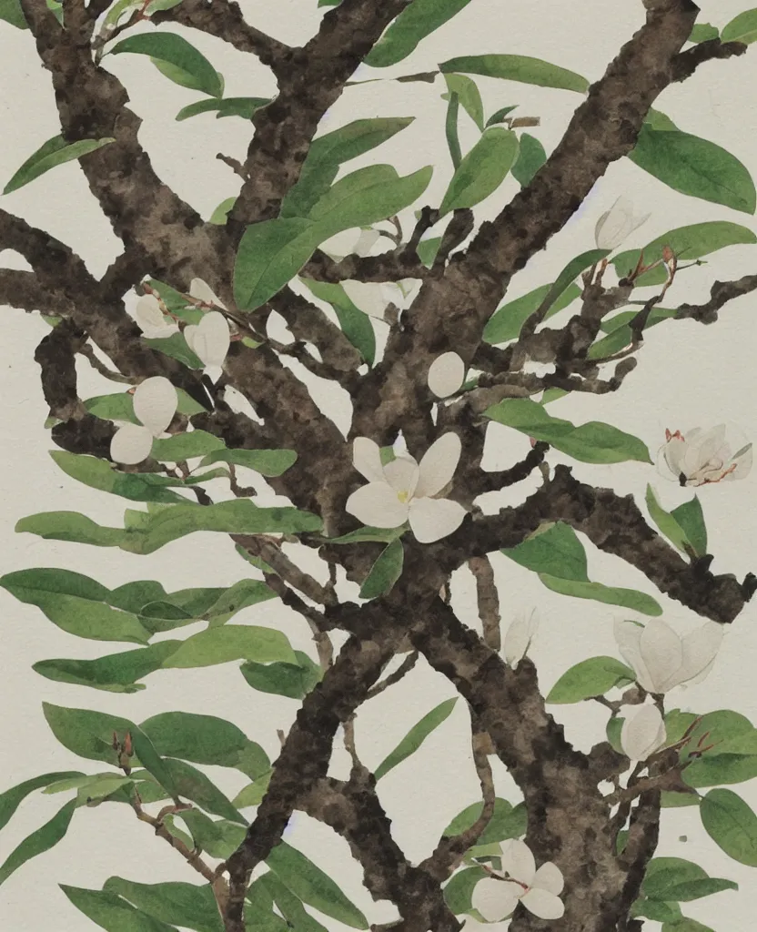 Prompt: japanese naturalist watercolor of magnolia sprig. textbook.