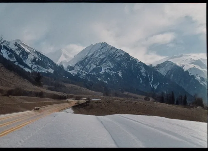 Image similar to A very high resolution image from a new movie, landscape from a car window , mountains, snowy, snowy mountains, Polaroid, directed by wes anderson