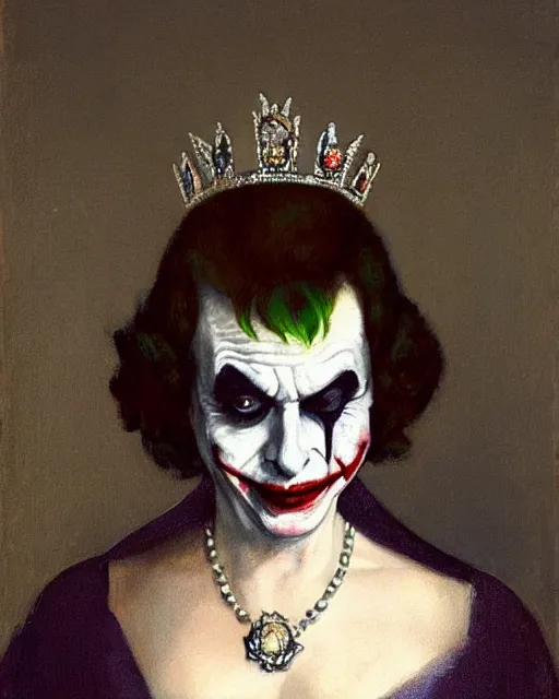 Image similar to portrait of Queen Elizabeth as the Joker, art by Carel Fabritius