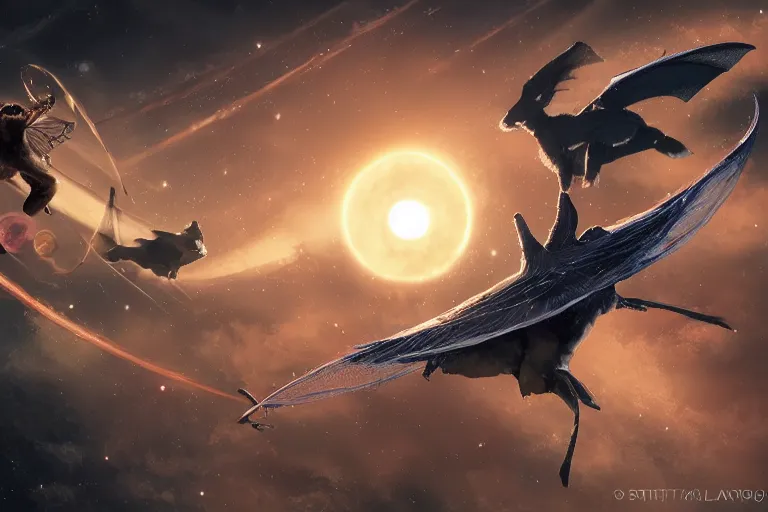 Image similar to a marvelous fantastic fleet of vampire in the midnight sky in a solar eclipse, with Saturn and Jupiter in the backround while rabbit with dragon wing fly with anticipation by Stanley Artgerm Lau, WLOP, Rossdraws, ArtStation, CGSociety, concept art, cgsociety, octane render, trending on artstation, artstationHD, artstationHQ, unreal engine, 4k, 8k,