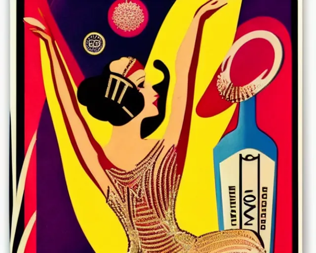 Image similar to art deco poster, dancer, cher, melchizedek champagne bottle. cheerful, bright