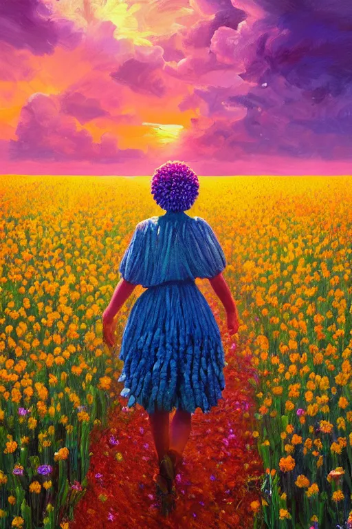 Image similar to giant corn flower head, girl walking in a flower field, surreal photography, sunrise, dramatic light, impressionist painting, colorful clouds, digital painting, artstation, simon stalenhag