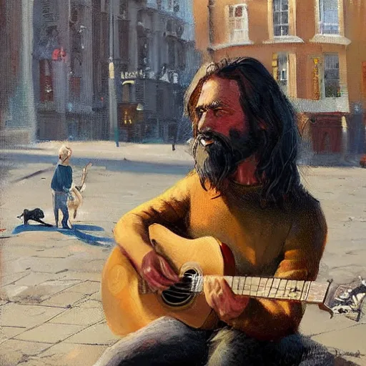 Image similar to oil painting of a man with long hair and a beard with his golden retrever dog playing guitar in the square for money, by greg rutkowski, artstation