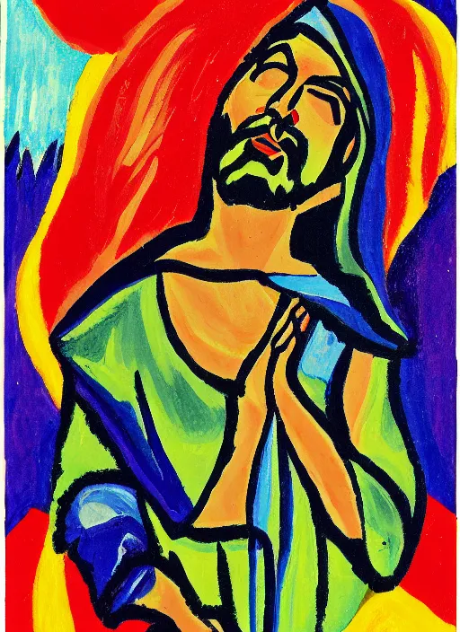Image similar to painting of jesus praying seductively, 8 k cel shades, pivix, in the style of ernst ludwig kirchner