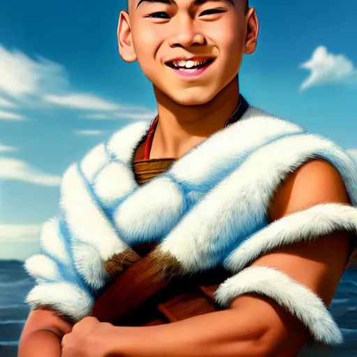 Prompt: beautiful serene intricate photograph of sokka from the water tribe as an inuit young man with light blue eyes, smiling confidently, relaxing on the beach, golden hour, soft focus, 8 k, art by irakli nadar, hyperrealism, hyperdetailed, ultra realistic