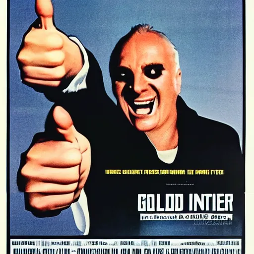 Prompt: 1980s horror movie poster for a film called Goldfinger, starring Andrew Gilding smiling in a sinister manner while giving a thumbs-up