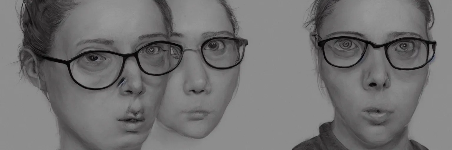 Prompt: female character study of ugly outsider todd solondz, clear todd solondz face, female, glasses, geek, character sheet, fine details, concept design, contrast, kim jung gi, greg rutkowski and francis bacon, trending on artstation, 8 k, full body and head, turnaround, front view, back view, ultra wide angle