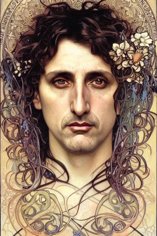 Prompt: realistic detailed face portrait of John Turturro by Alphonse Mucha, Ayami Kojima, Amano, Charlie Bowater, Karol Bak, Greg Hildebrandt, Jean Delville, and Mark Brooks, Art Nouveau, Neo-Gothic, gothic, rich deep moody color