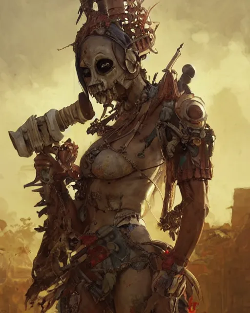 Image similar to hyper realistic photo of postapocalyptic indonesian death cult monk cyborg girl with indonesian demon mask, sword and shield, robot familiar, full body, cinematic, artstation, cgsociety, greg rutkowski, james gurney, mignola, craig mullins, brom