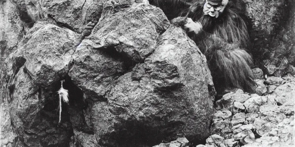 Prompt: krampus eating a big boulder rock in the dolomites, hay fur, 1920s photography, grainy, eerie, dark