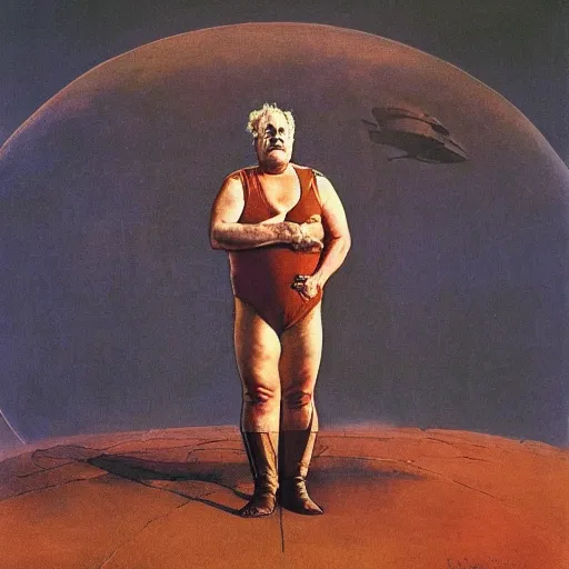 Image similar to full body portrait of actor Kenneth McMillan as baron harkonnen levitating high in the air in dystopian scifi palace, painted by norman rockwell and tom lovell and frank schoonover, dune 1982 movie