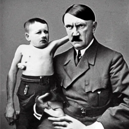 Prompt: adolf hitler as a muscular father of little mandrake, realistic,