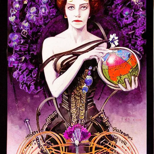 Image similar to a royal portrait of a cyborg woman. she holds a globe in one hand and flowers in the other. illustrated by burton rice. black orchid movie poster. 1 9 1 2.