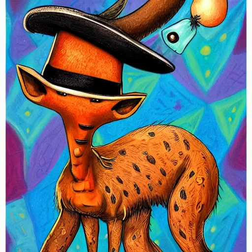 Image similar to a dik dik monster with tattoos, wearing a fedora, tattoos, colorful, digital art, fantasy, magic, trending on artstation, ultra detailed, professional illustration by basil gogos