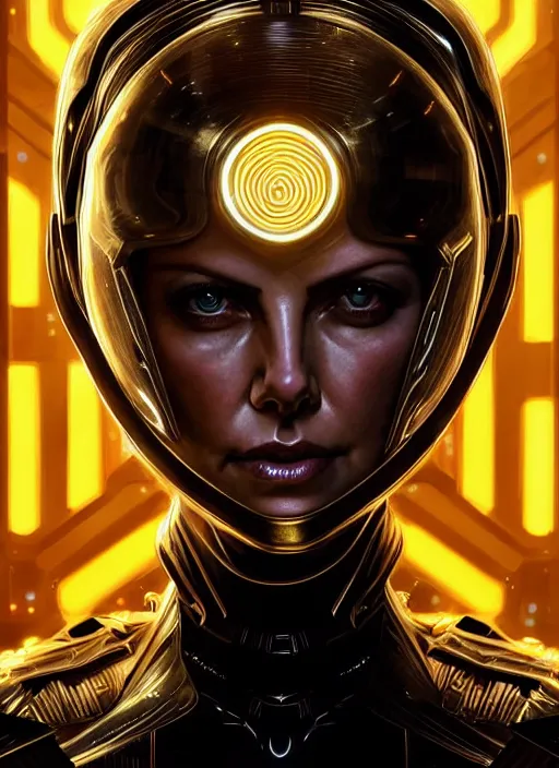 Image similar to symmetry!! portrait of charlize theron, gold sci - fi armour, tech wear, glowing lights!! sci - fi, intricate, elegant, highly detailed, digital painting, artstation, concept art, smooth, sharp focus, illustration, art by artgerm and greg rutkowski and alphonse mucha