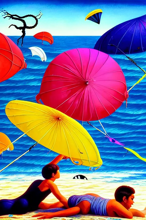 Prompt: a hyperrealistic painting of scary sea creature ambushing people laying on the beach with colorful umbrellas and kites flying in the air. cinematic horror by chris cunningham, lisa frank, richard corben, highly detailed, vivid color,