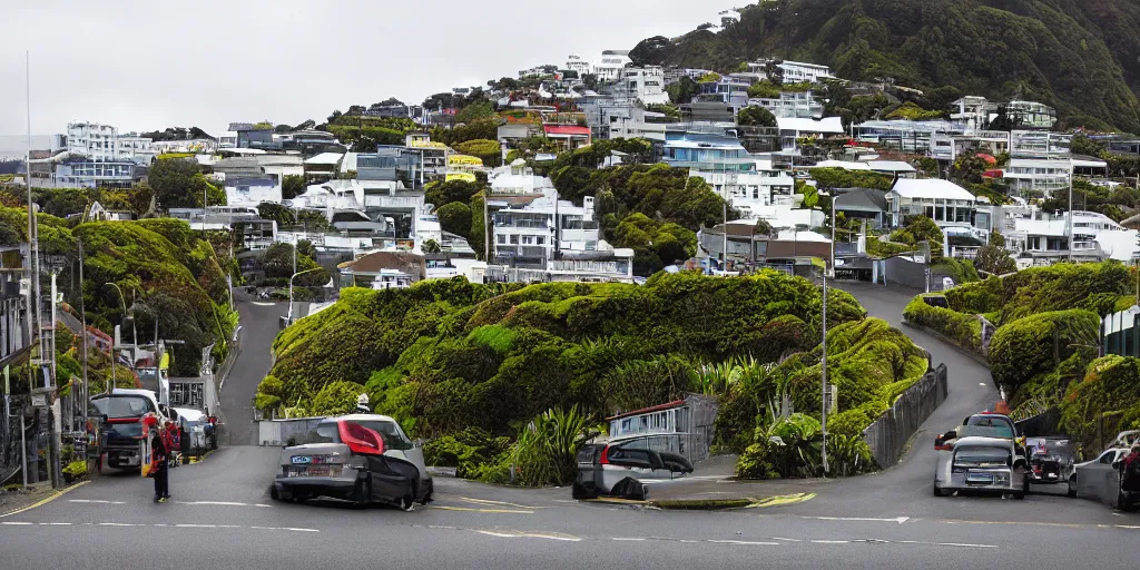 Image similar to a very steep street in wellington, new zealand with multiple building covered in living walls made of endemic new zealand plant species. patrick blanc. windy rainy day. people walking in raincoats. 1 9 0 0's colonial cottages. harbour in the distance.