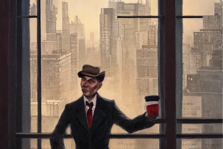 Image similar to Mikhail Bulgakov stands on the balcony of a high-rise building with a cup of coffee in his hands, hyperrealistic art, sunlight, artstation, color painting