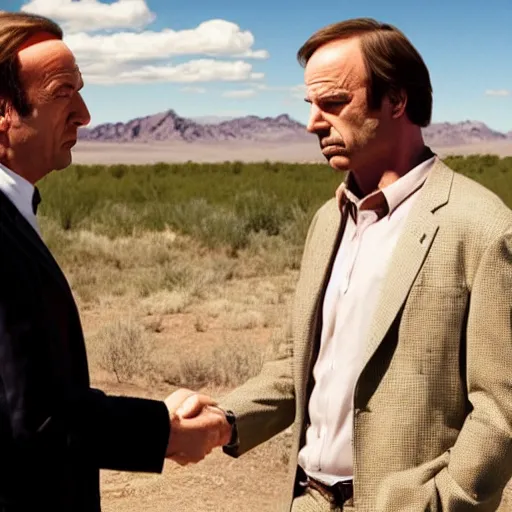 Image similar to saul goodman giving a handshake to walter white