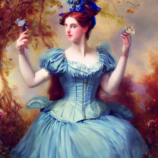 Prompt: Alice in Wonderland,a portrait of a beautiful blue hair girl,Diamonds Blaze,Rose twining,luxuriant,dreamy, eternity, romantic,highly detailed,in the style of Franz Xaver Winterhalter, highly detailed,in the style of Aetherpunk