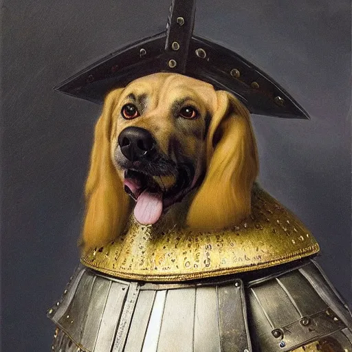 Prompt: A high quality oil painting portrait of dog wearing medieval knight armour portrait by Rembrandt,