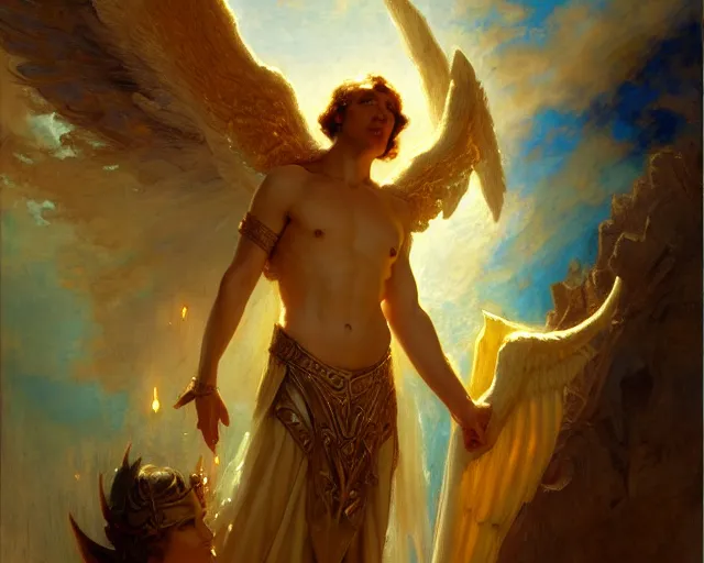 Prompt: attractive angel male deity, casting magic, summoning handsome lucifer morning star. highly detailed painting by gaston bussiere, craig mullins, j. c. leyendecker 8 k