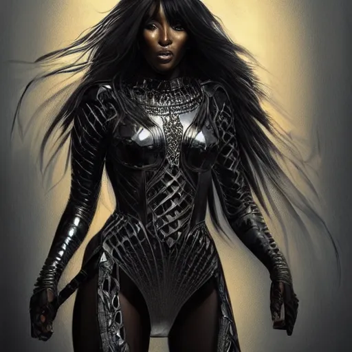 Image similar to full figure ultra realistic illustration, naomi campbell wearing black armor, intricate, elegant, highly detailed, digital painting, artstation, concept art, smooth, sharp focus, illustration, art by artgerm and greg rutkowski and alphonse mucha