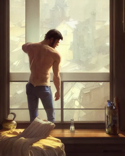 Prompt: attractive man looking out the window sadly, highly detailed, digital painting, artstation, concept art, smooth, sharp focus, illustration, art by artgerm and greg rutkowski and alphonse mucha