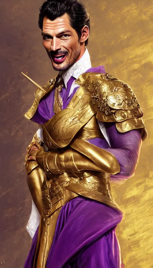 Image similar to david gandy, charming, rich viscount, laughing, fit, cunning, robe, gold and purple, warhammer, lord of the rings, sweaty, intricate, highly detailed, digital painting, artstation, concept art, smooth, sharp focus, illustration, unreal engine 5, 8 k, art by artgerm and greg rutkowski and alphonse mucha