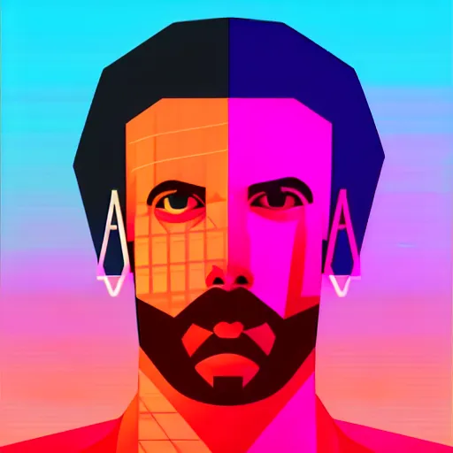 Prompt: portrait of a man, synthwave, vector style, geometric random shapes and angles, red and blue lighting h 6 4 0