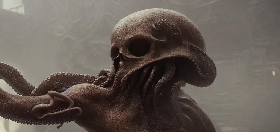 Prompt: an | octopus in the shape of a skull |, foggy, cinematic shot, photo still from movie by denis villeneuve, wayne barlowe
