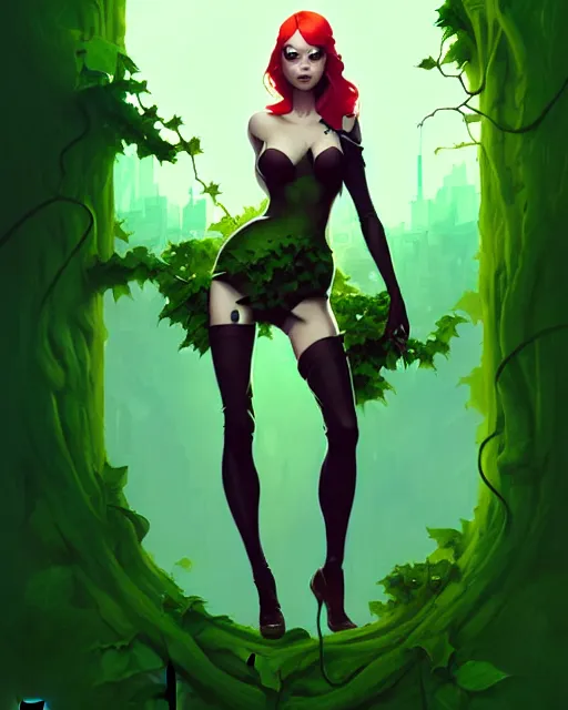 Image similar to peter mohrbacher, phil noto comicbook cover art, artgerm, emma stone poison ivy, vines, symmetrical eyes, full body, green outfit, city rooftop