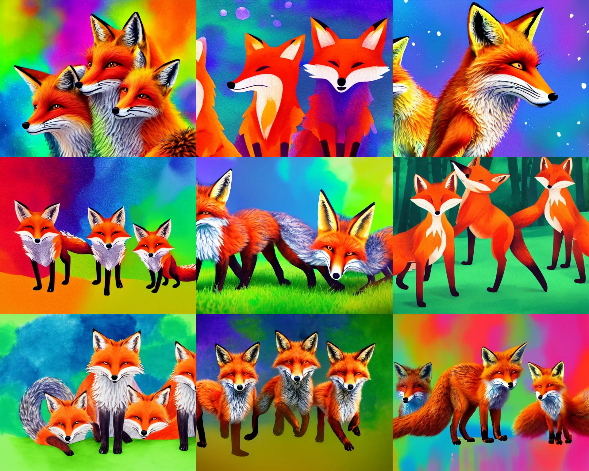 Prompt: three foxes of different color celebrating a birthday party, ultra hd, rich aquarel, dynamic lighting, intricate detail, summer vibrancy, fur visible, cinematic, nature background, digital painting, deviant art, my rendition, blender render octane, 2021