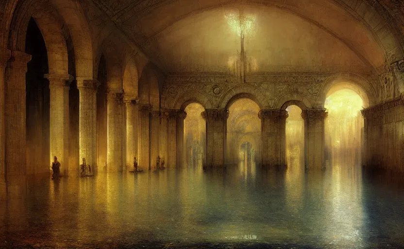 Image similar to tiled room squared waterway, aqueducts, fantasy. intricate. by artstation trending, by joseph mallord william turner, luis royo, konstantin razumov, cinematic lighting, fractal flame, highly detailed