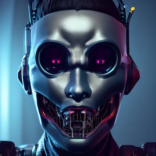 Image similar to evil cyberpunk dark lord, highly detailed, photorealistic portrait, bright studio setting, studio lighting, crisp quality and light reflections, unreal engine 5 quality render