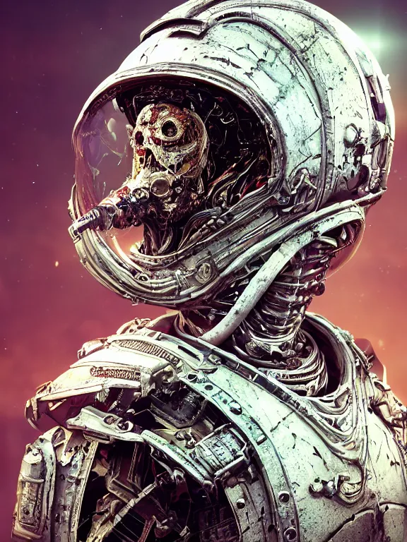 Prompt: portrait art of 8k ultra realistic undead eldritch horror corrupted retro futuristic astronaut , smashed glass helmet , detailed intricate ornate armour,decaying, cybernetic, full of colour, cinematic lighting, battered, trending on artstation, 4k, hyperrealistic, focused, extreme details,unreal engine 5, cinematic, masterpiece, art by ayami kojima, giger